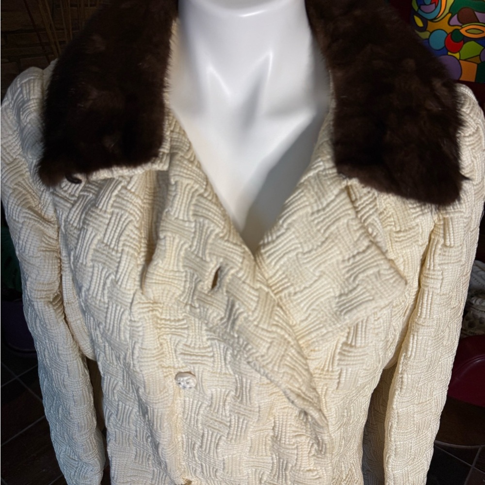 Vintage Genuine Fur Collared  Textured Trench Coat